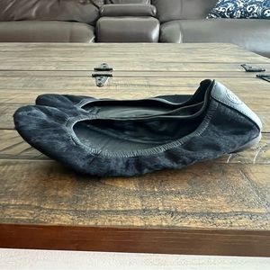 Tory Burch Navy Calf Hair Leather Rounded Toe Ballet Flats